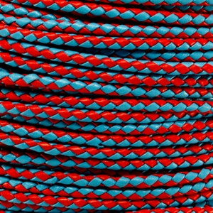 1 Yard / 3 Feet of 3MM Red & Light Blue Braided Round Bolo Genuine Leather Cord