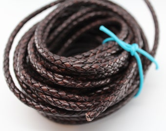 Natural Antique Brown Braided Round Bolo Leather Cord Lace  3mm 4mm 5mm 6mm 8mm 10mm 5, 10, 25, 50, 100 Feet (yards, meters) Premium Leather