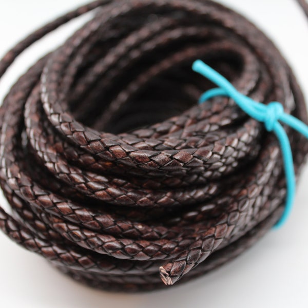 Natural Antique Brown Braided Round Bolo Leather Cord Lace  3mm 4mm 5mm 6mm 8mm 10mm 5, 10, 25, 50, 100 Feet (yards, meters) Premium Leather