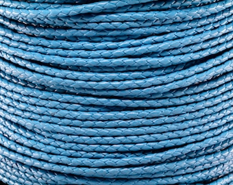 3MM SKY BLUE Round Braided Bolo Leather Cord - By The Yard - 1 Yard, 5 Yards, 10 Yards Premium Leather