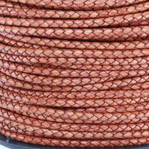 1 Yard (3 feet) of 4MM Antique Tan Red Braided Round Bolo Genuine Leather Cord