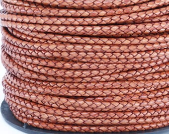 1 Yard (3 feet) of 4MM Antique Tan Red Braided Round Bolo Genuine Leather Cord