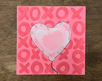 4"x4" canvas VALENTINES GALENTINES DAY heart balloon painting