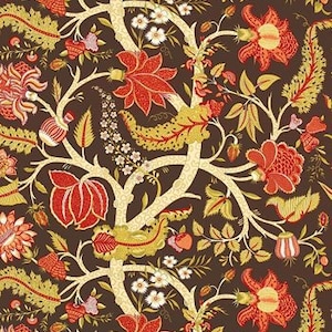 May include: A seamless pattern featuring a repeating design of stylized floral branches with red, orange, and yellow flowers on a dark brown background.
