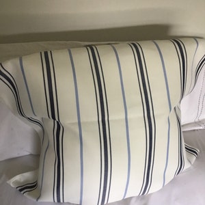 May include: A white pillow with blue and black stripes. The pillow is made of a soft, comfortable fabric and is perfect for adding a touch of style to any room.