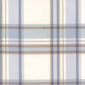 Può includere: Uno sfondo bianco con un motivo a quadri blu, marrone e beige.