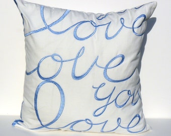 Lulu DK Embroidered" Love" in Sky Blue ,This listing is for One Pillow