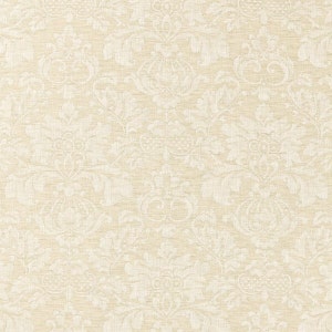 May include: A beige fabric with a white damask pattern. The pattern is a repeating design of stylized flowers and leaves.