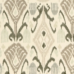 May include: A beige fabric with a repeating pattern of brown, black, and gray stylized floral designs.