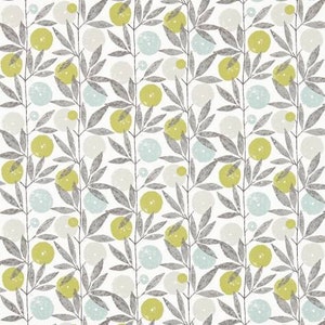 May include: A seamless pattern featuring grey leaves and branches with yellow and blue circles on a white background.