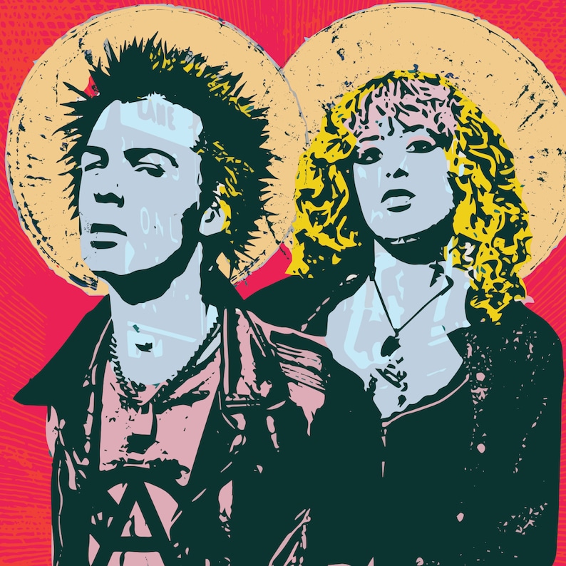 May include: A digital illustration of two people with halos, one with a mohawk and the other with long blonde hair. The background is red with yellow rays.