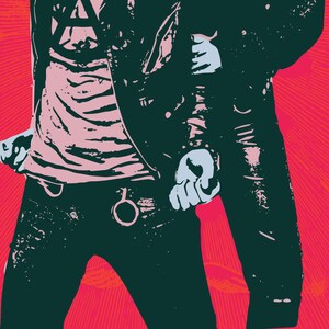 May include: A person wearing a black leather jacket, a pink striped shirt, and black jeans with a silver belt buckle. The person is standing against a red and white background.