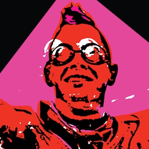 May include: A red and black illustration of a person with a mohawk hairstyle wearing glasses. The background is pink.