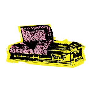 May include: A black coffin with a yellow outline. The interior features a pink leopard print pattern. The image has a grunge style with a white background.