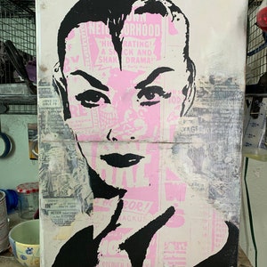 Vampira / Horror /Mixed media/ prints on wood panel / Lowbrow / 20in X 18in X1.50in. / sleaze / pin up girl Lowbrow  #HLC3