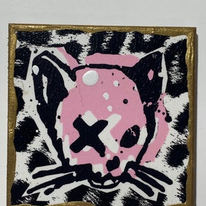Handmade Skull Cat Art Magnet: Lowbrow Tuff Kat (3inx3in)