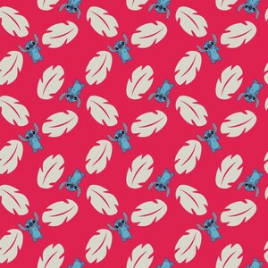 May include: A repeating pattern featuring the blue alien character Stitch from Lilo & Stitch, alternating with white leaf shapes, set against a vibrant red background. The design is a playful and colourful illustration.