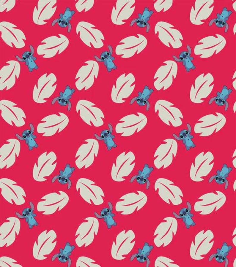 May include: A repeating pattern featuring the blue alien character Stitch from Lilo & Stitch, alternating with white leaf shapes, set against a vibrant red background. The design is a playful and colourful illustration.