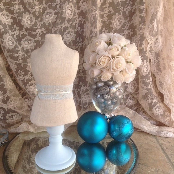 Classic Mannequin Dress Form Display, Fabric Body, Jewelry Holder Stand, Tabletop Mini Bust, classic jewelry display, Blue and cream, Large