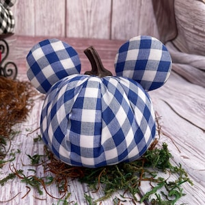 Blue and white plaid mickey ear pumpkin, Tier Tray decor, Farmhouse holiday pumpkin, Housewarming gift, handmade fabric pumpkins