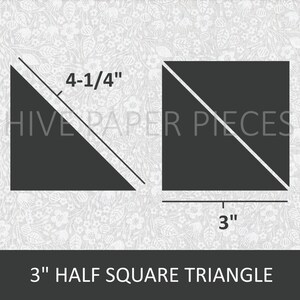 May include: Diagram showing how to cut a 3" half square triangle from a 4-1/4" square fabric piece. The diagram shows a black triangle with a diagonal line and a black square with a diagonal line. The square is labeled 3" and the triangle is labeled 4-1/4".