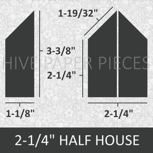 May include: Diagram showing how to cut a 2-1/4 inch half house shape from paper. The diagram shows the measurements in inches. The text reads "2-1/4" HALF HOUSE".