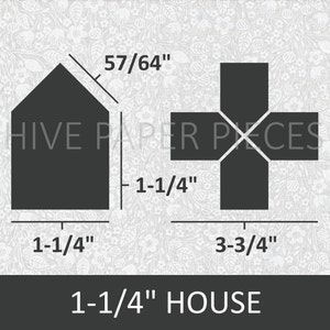 May include: Diagram showing how to make a 1-1/4 inch house shape from paper. The house shape is made from two pieces of paper, one 1-1/4 inches by 57/64 inches and the other 1-1/4 inches by 1-1/4 inches.