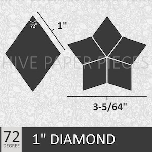 May include: A diagram showing how to create a 1-inch diamond shape from paper. The diagram shows a 72-degree angle and the finished shape is 3-5/64 inches wide. The text "72 DEGREE" and "1" DIAMOND" is also included.