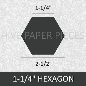 May include: A dark gray hexagon with dimensions of 1-1/4 inches by 2-1/2 inches. The text "HIVE PAPER PIECES" is printed on the hexagon. Below the hexagon, the text reads "1-1/4" HEXAGON" with a bee logo.