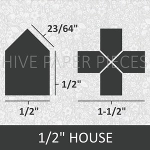 May include: Diagram showing how to make a 1/2 inch house from paper. The house is a simple shape with a pointed roof. The diagram includes measurements in inches.