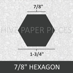 May include: A black 7/8 inch hexagon paper piece. The hexagon is on a white background with a floral pattern. The text "HIVE PAPER PIECES" is visible in the background.