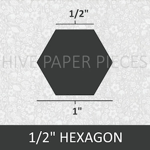 May include: A black 1/2 inch hexagon paper piece on a white background with a floral pattern. The hexagon is labeled "1/2" HEXAGON".