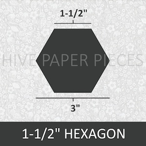 May include: A 1-1/2 inch hexagon paper piece in black, with a white floral pattern background. The hexagon is 3 inches wide.