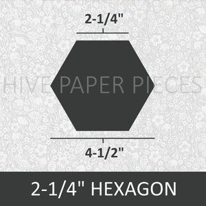 May include: A black 2-1/4 inch hexagon paper piece with measurements of 2-1/4 inches by 4-1/2 inches. The hexagon is on a white background with a floral pattern.
