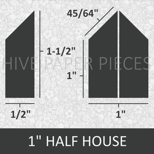 May include: Diagram showing how to cut a 1-inch half house shape from paper. The diagram includes measurements in inches and fractions of an inch. The text "1" HALF HOUSE" is at the bottom of the diagram.