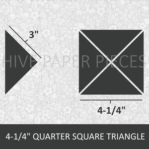 May include: Diagram showing how to cut a 4-1/4 inch quarter square triangle from a 4-1/4 inch square fabric piece. The diagram shows a black triangle with a 3 inch side and a black square with a 4-1/4 inch side.