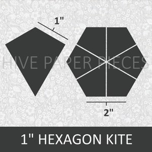May include: Diagram showing how to cut a 1-inch hexagon kite from a 2-inch hexagon. The diagram shows a black hexagon divided into six triangles, and a black diamond shape.