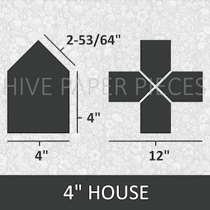 May include: A black and white diagram showing the dimensions of a 4-inch house paper craft. The house is a simple shape with a pointed roof. The diagram also shows a 12-inch cross shape, which is likely used to create the house.