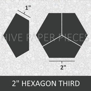 May include: A black and white diagram showing how to cut a 2-inch hexagon into thirds. The diagram shows a 2-inch hexagon divided into three equal sections. The hexagon is 2 inches wide and 1 inch high. The text "2" HEXAGON THIRD" is below the diagram.