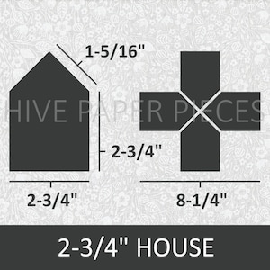 May include: Diagram showing the dimensions of a 2-3/4 inch house paper piece. The house is black and shaped like a traditional house with a pointed roof. The dimensions are 1-5/16 inches wide and 2-3/4 inches tall. The text "HIVE PAPER PIECES" is visible in the image.