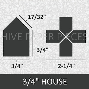 May include: A black and white diagram showing the pieces needed to make a 3/4 inch house. The house is made of a single piece of paper that is 3/4 inches wide and 17/32 inches tall. The cross is made of four pieces of paper that are each 3/4 inches wide and 3/4 inches tall. The text "HIVE PAPER PIECES" is printed in black on a white background.