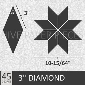 May include: Diagram showing how to cut a 3-inch diamond quilt block with a 45-degree angle. The finished block measures 10-15/64 inches.