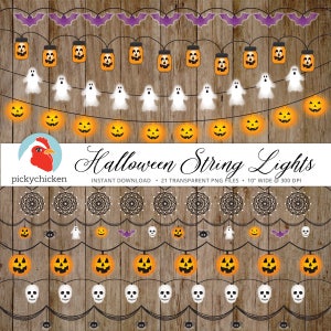May include: Set of 21 digital Halloween string lights clipart images. The lights are strung on a wire and feature various Halloween icons, including pumpkins, ghosts, bats, spiders, and skulls. The images are transparent PNG files and are 10 inches wide at 300 DPI.