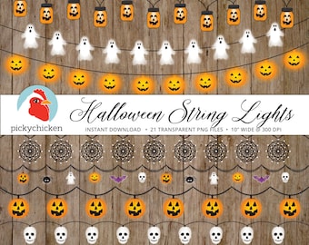 Halloween String Lights Clipart, Fairy Lights, Party Lights, Halloween Banner Mason Jars, Paper Lanterns, Bunting Instant Download 5040