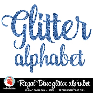 Blue Glitter Digital Alphabet - Royal Blue sparkle script handwriting, clip art letters dye sublimation dyesub 5047