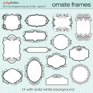 28 Ornate Frames - wedding invitation clipart, photograph borders, black white tags labels Instant Digital Download 5006
