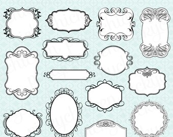 May include: Set of 14 black and white ornate frames with a solid white background. The frames are in various shapes and sizes, including circles, ovals, rectangles, and squares. They are perfect for adding a touch of elegance to your designs.