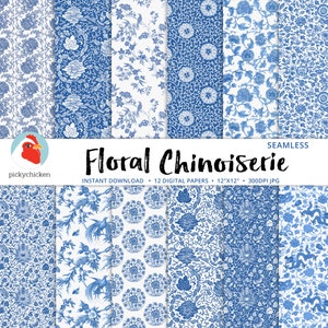 Chinoiserie FloralEs Digitales Papier, nahtlose französische Blumenmuster, blau und weiß, Chinesisch, Sublimation Decoupage Fotografie Kulisse 8114