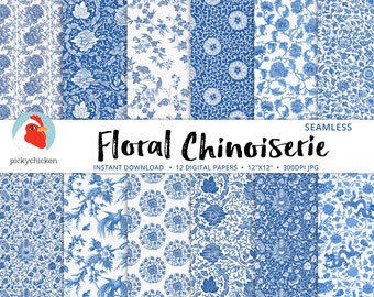 Chinoiserie Floral Digital Paper, seamless French flower patterns, blue and white, Chinese, sublimation decoupage photography backdrop 8114