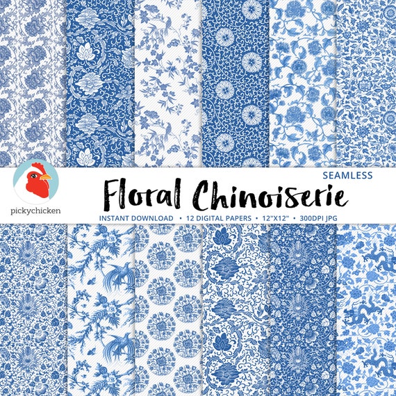 Chinoiserie Floral Digital Paper, Seamless French Flower Patterns, Blue and  White, Chinese, Sublimation Decoupage Photography Backdrop 8114 